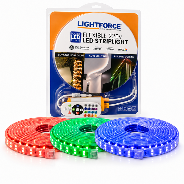 LED FLEXIBLE STRIPLIGHT 220V 5m RGB w/20m Controller Blister Pack