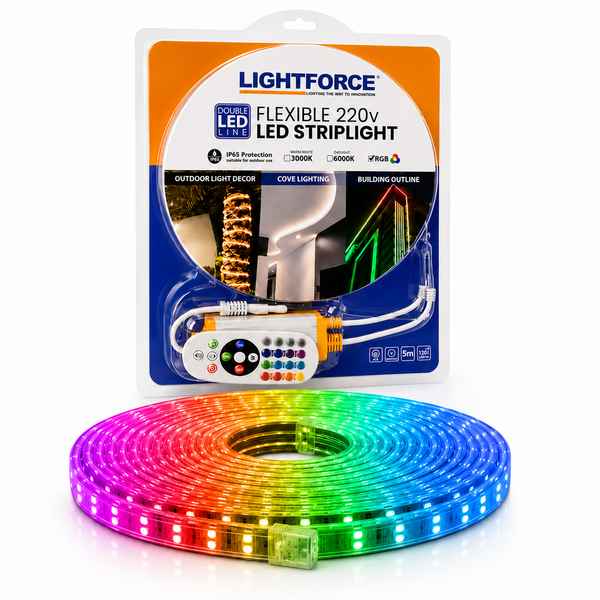 LED FLEXIBLE STRIPLIGHT 220V 5m RGB w/20m Controller Blister Pack