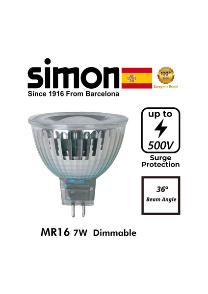 SIMON LED MR16 GLASS HV 7W 220V TRIAC DIMMABLE 36º